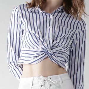 Plus Striped Button Croppy Top